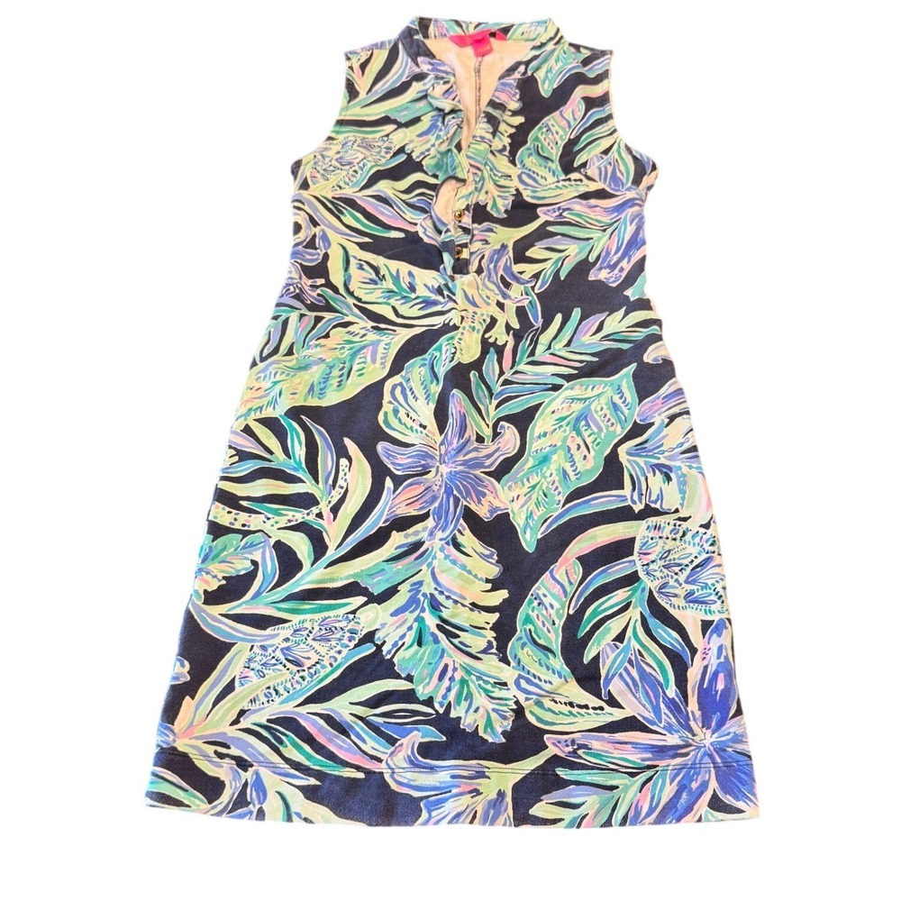 Lilly Pulitzer Womens XXS Navy Tropical Floral French Terry Ruffle Shift‎ Dress